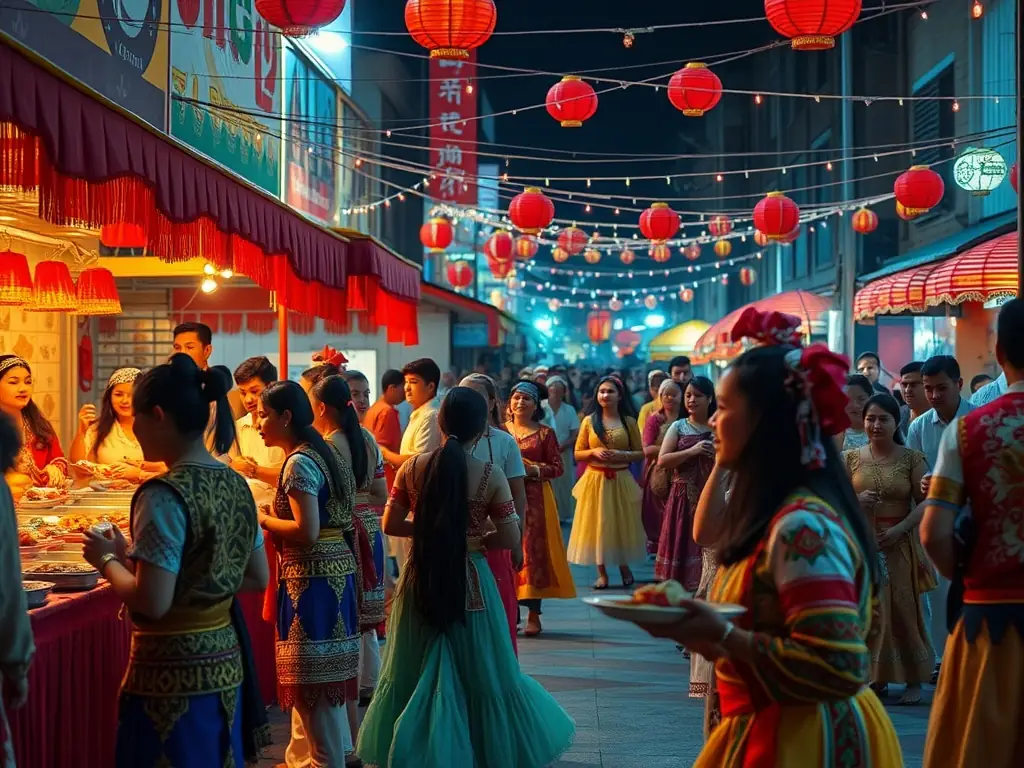 A vibrant image capturing the essence of a local festival organized by COMITE DES FETES, featuring diverse attendees, colorful decorations, and engaging stage performances.