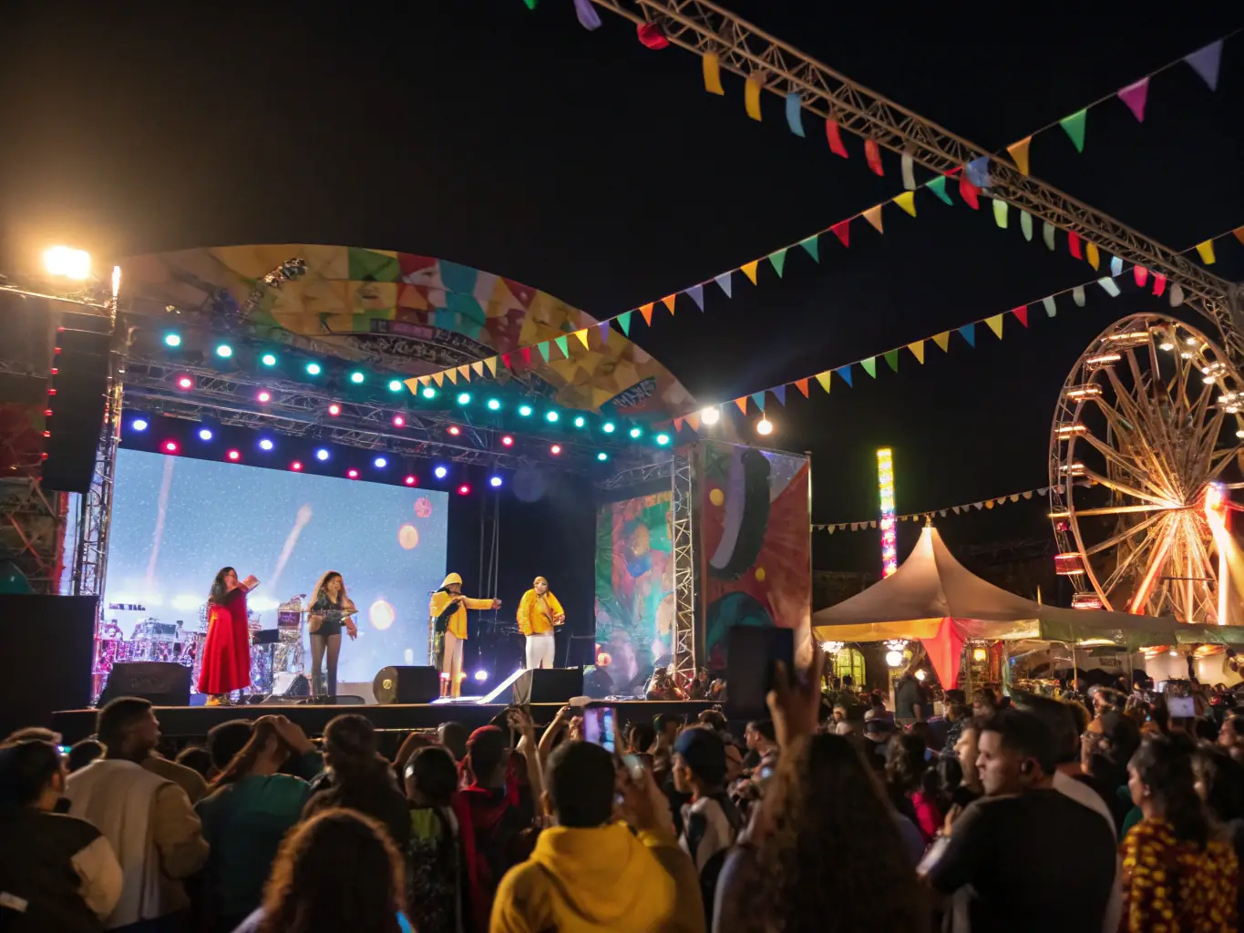 A vibrant image of a local festival, showcasing a stage with performers, food stalls, and families enjoying the event.