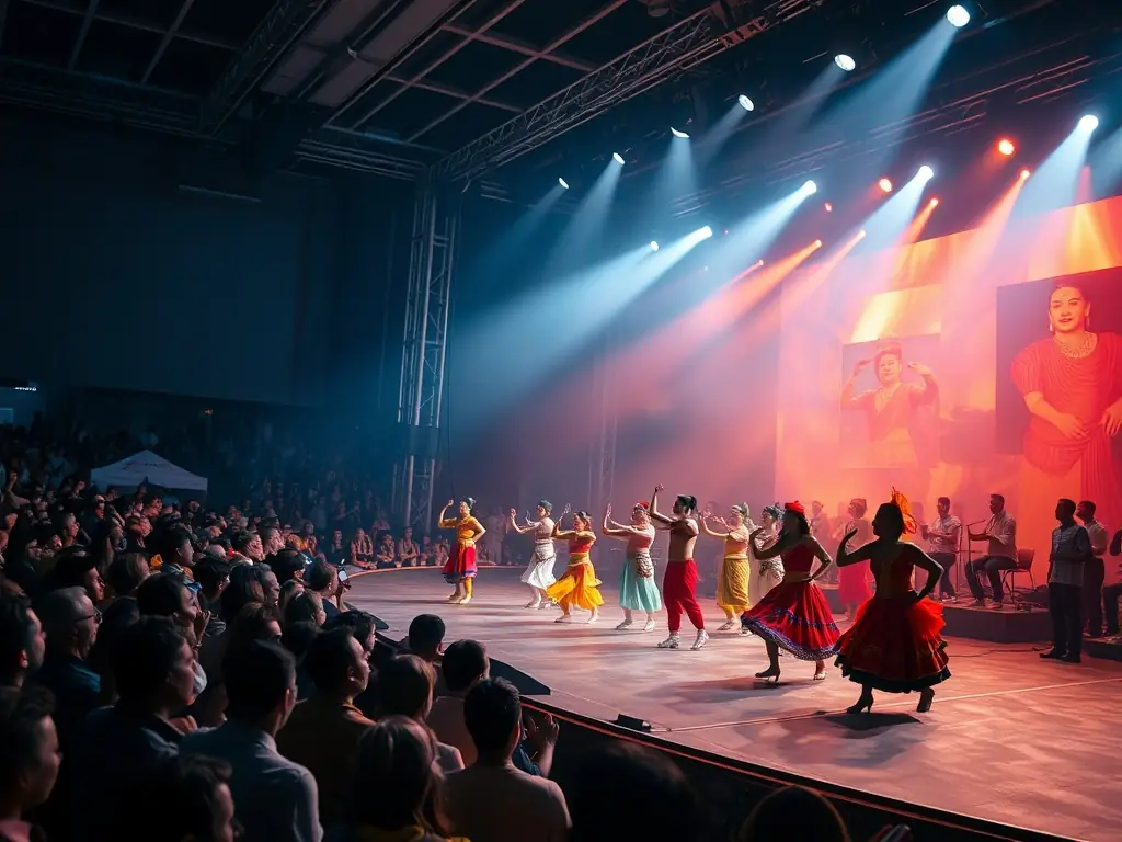 A dynamic photo showcasing a cultural event organized by COMITE DES FETES, highlighting traditional performances, artistic displays, and community participation.