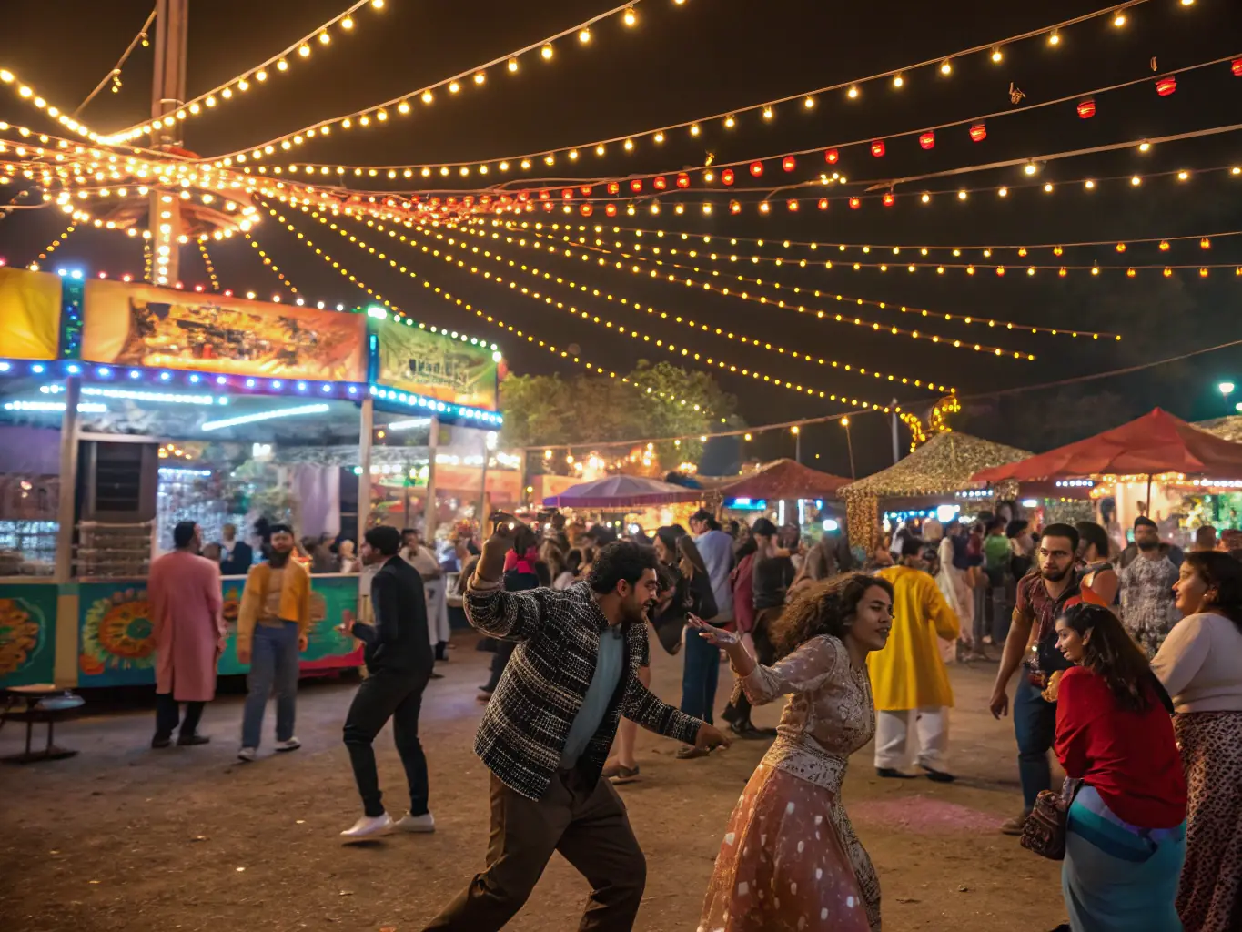 A vibrant image capturing the excitement of a local festival organized by COMITE DES FETES, featuring diverse participants and colorful decorations.